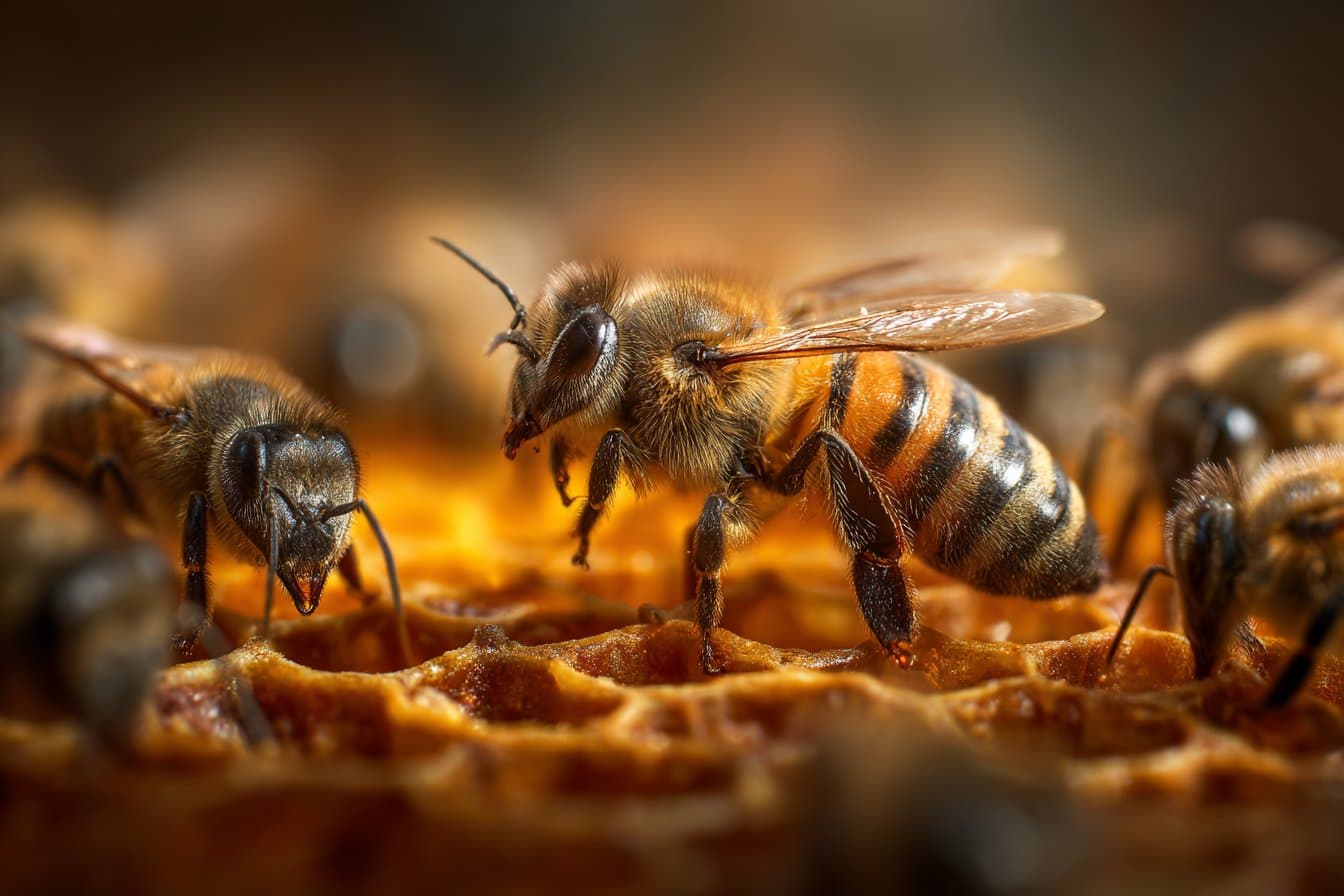 Bienenkönigin umgeben von Arbeiterinnen auf goldener Wabe