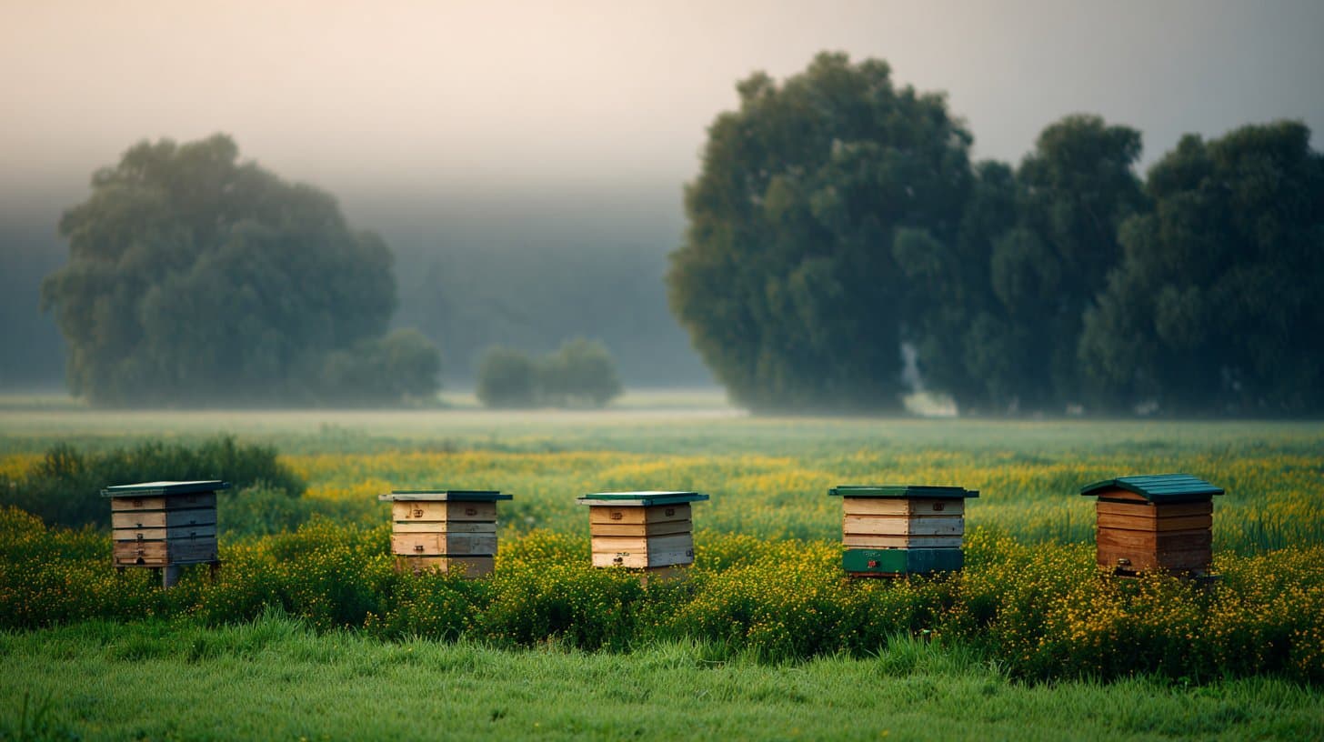 Fünf Bienenstöcke in nebeliger Morgenlandschaft Vorpommern