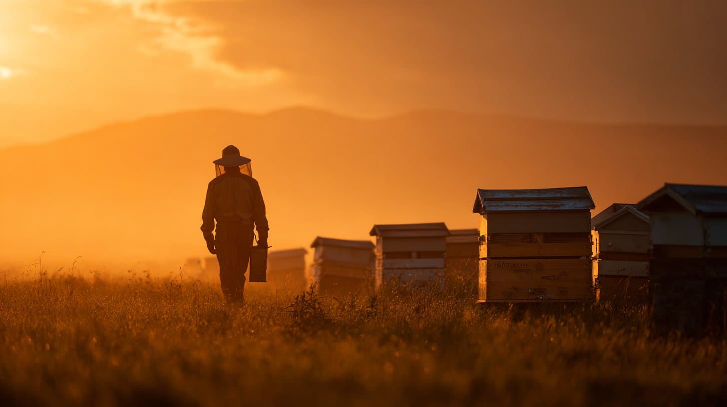 Imker bei Sonnenuntergang mit Bienenstöcken